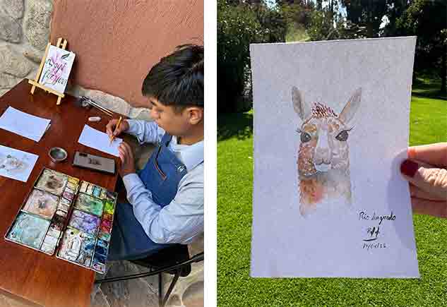 artista de aquarela fazendo desenhos de pássaros e lhamas para hospedes de hotel
