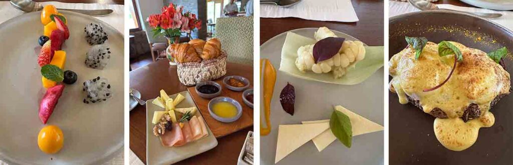 PRATOS DA SEQUENCIA DE CAFÉ DA MANHÃ NO HOTEL RIO SAGRADO: FRUTAS, PÃES E PRATOS QUENTES.