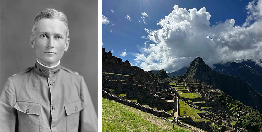 FOTO DO EXPLORADO HIRAM BINGGAM E AO LADO AS RUINAS DE MACHU PICCHU