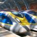 dois trens de alta velocidade eurostar na estação de st pancras em londres