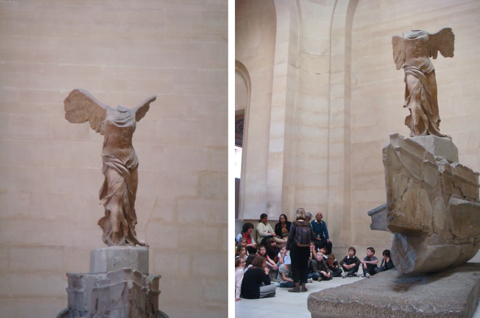 estudantes observam a escultiura da vitoria de samotracia