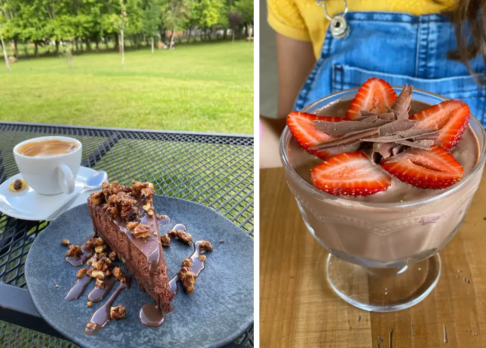 café, torta e mousse de chocolate do Café Benevento em Bento Gonçalves