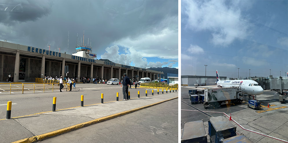 fachada do aeroporto de cusco e avião a321 da Latam Airlines
