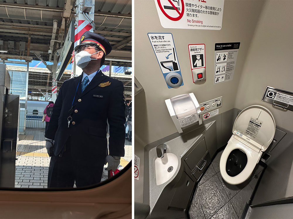 detalhe da limpeza do banheiro no trem do Japão