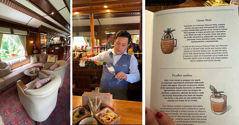 lounge com sofás no vagão bar, barman servindo champagne e cardápio de bebidas