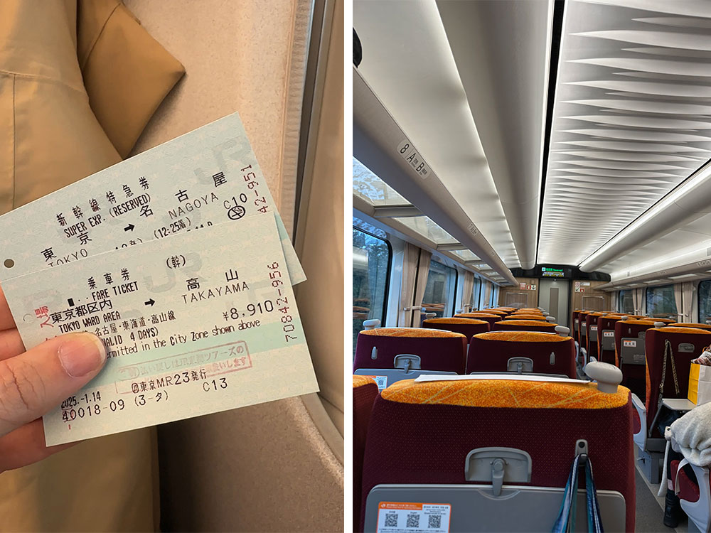 foto dos bilhetes de trem no Japão e do interior de um trem expresso
