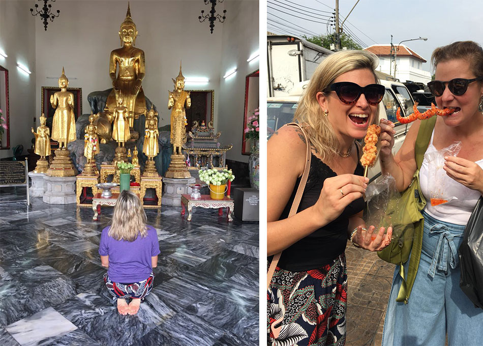 altar de buda em um templo de bangkok e espetinhos das comidas de rua