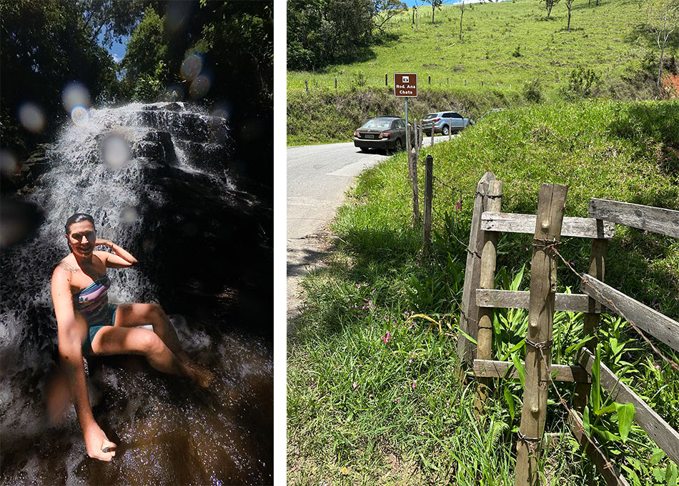 Queda dá gua da cachoeira do encontro e indicação da entrada da trilha para a cachoeira - o que fazer em São Bento do Sapucaí