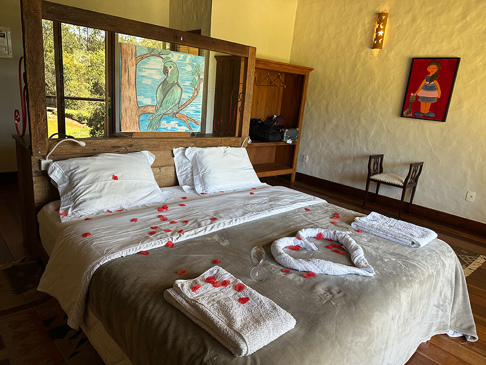 cama king size do chalé decorada com pétalas de rosas