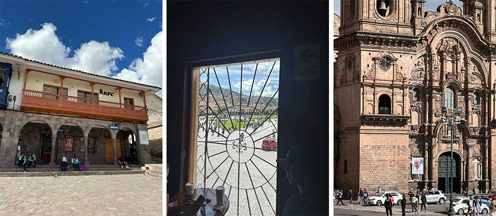 detalhes dos casarões da plaza de armas de cusco e da igreja da companhia de jesus
