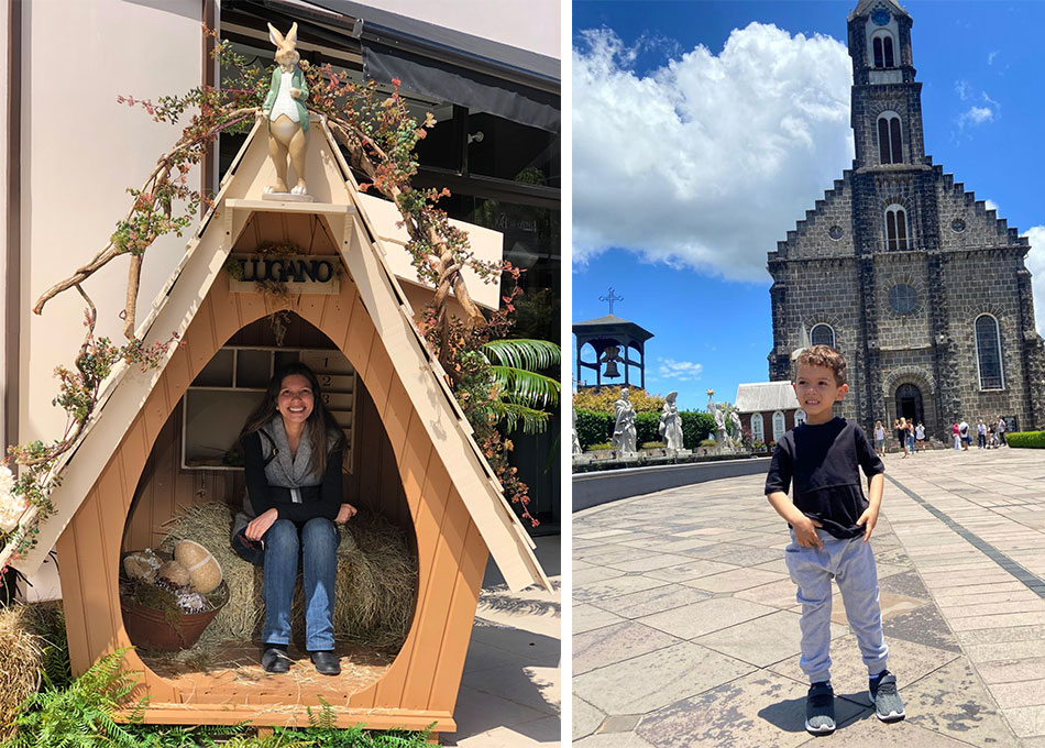 decoração de uma loja de chocolates e a fachada da catedral de pedra de Gramado