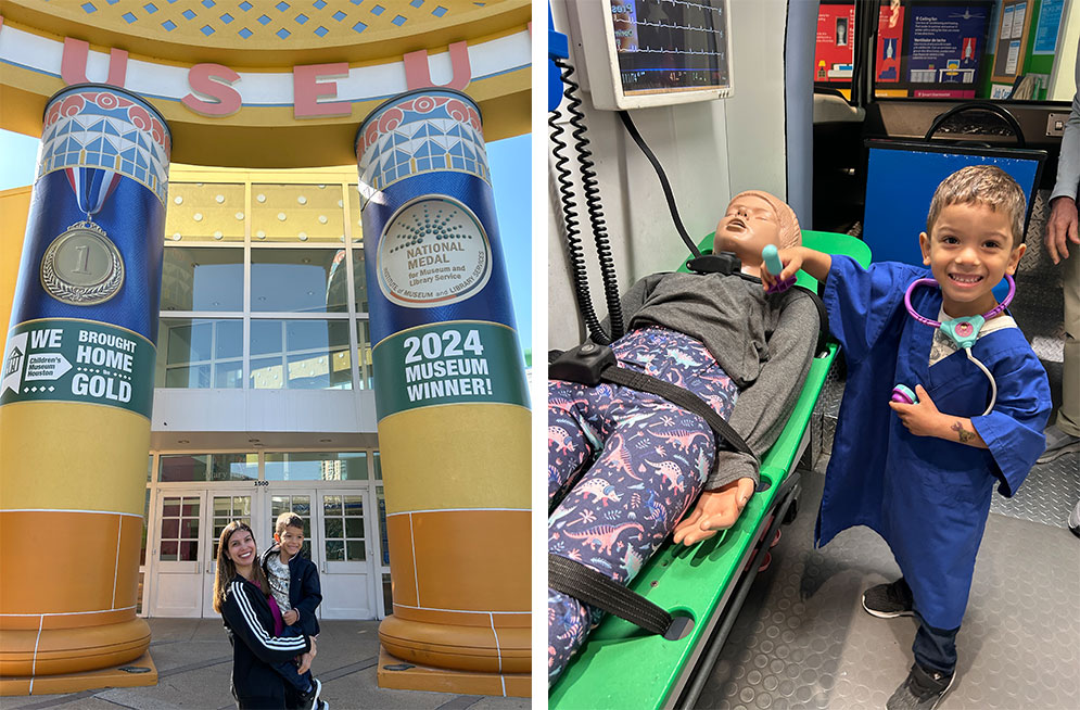 Fachada do Childrens Museum de Houston e uma das brincadeiras que pode ser escolhidas pelas crianças no museu