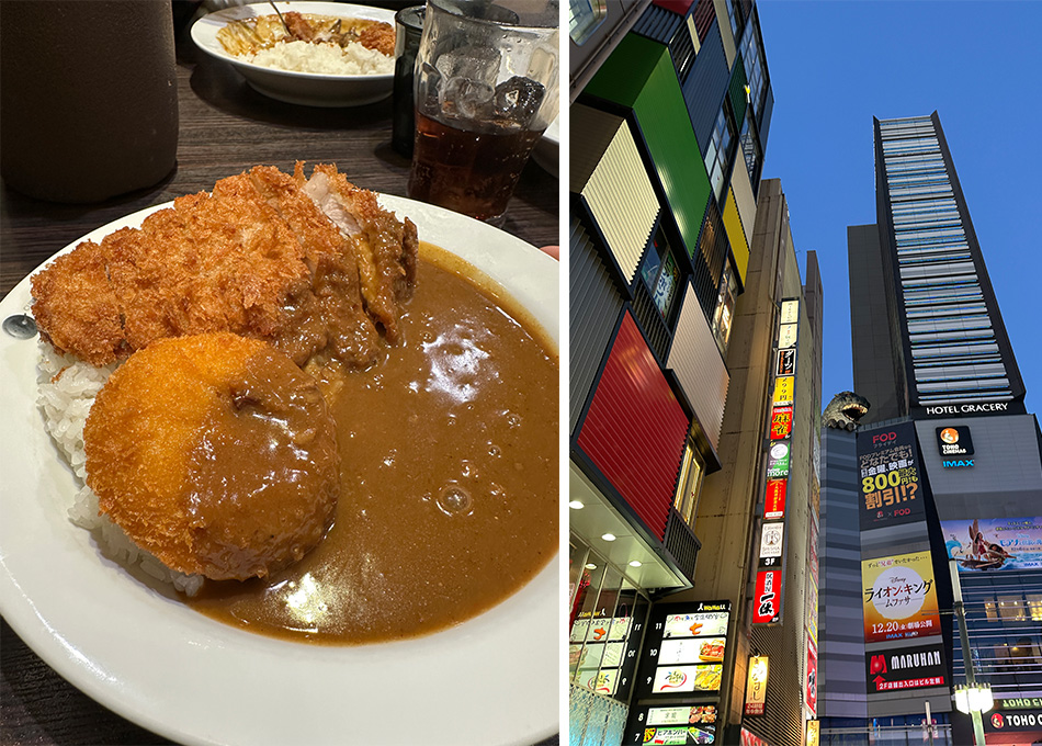 prato de curry japones em restaurante ao lado da estátua do godzilla em shinjuku