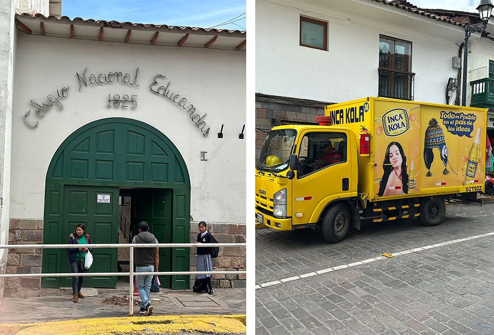 entrada de uma escola e caminhão de entregas pelas ruas de Cusco
