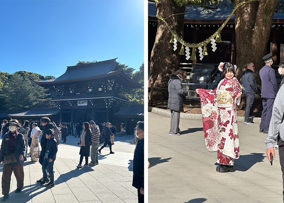 a comemoração do dia da maioridade em toquio no tmplo meiji jingu com moças vestidas de quimono tradicional