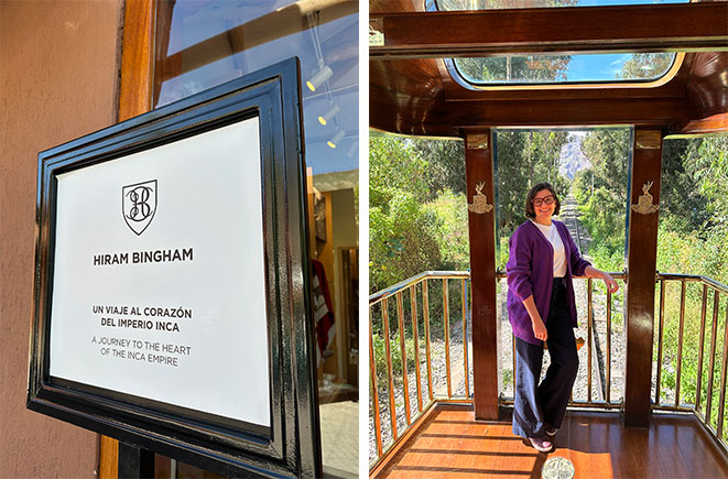 trem para machu picchu: placa no embarque e foto no vagão panorâmico