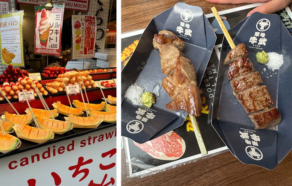 barracas de espetinhos de frutas e de carne wagyu no mercado de peixe de toquio