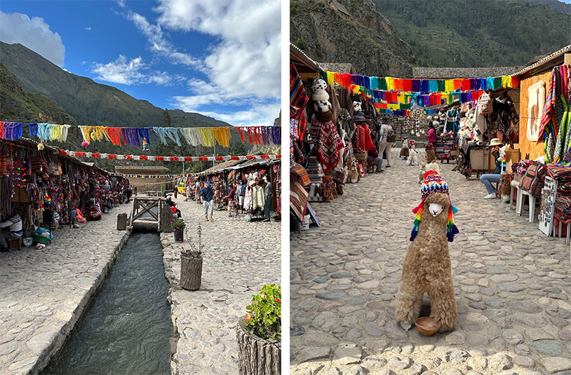 Feirinha de artesanato de Ollantaytambo, com muitos tecidos coloridos
