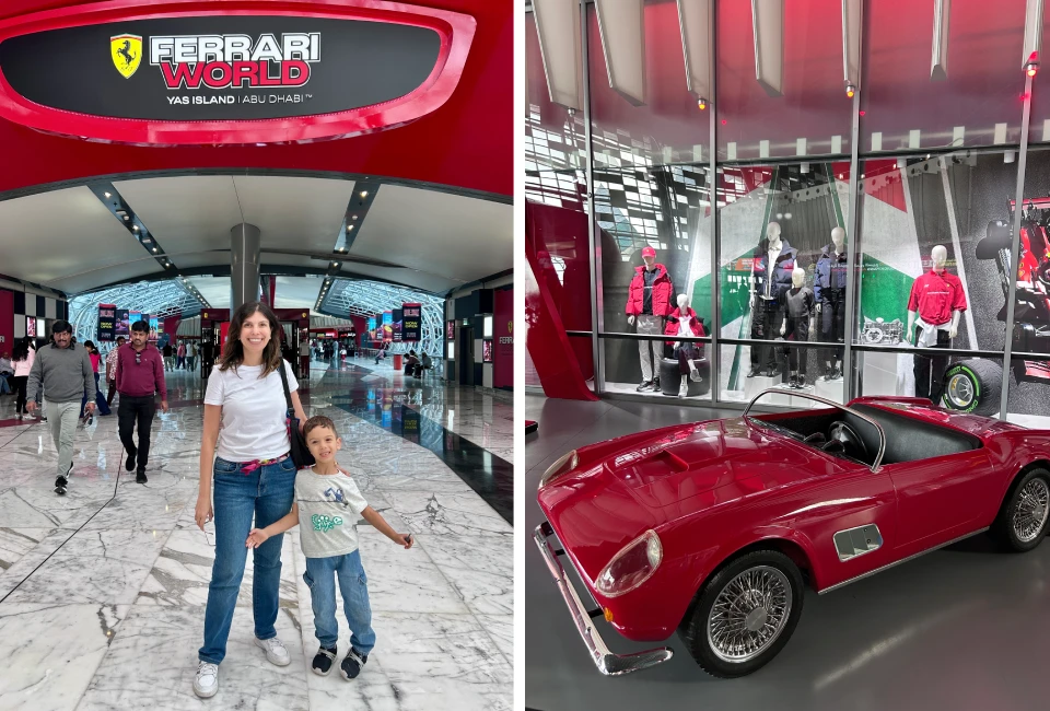 entrada do parque ferrari world em Abu Dahbi e exemplar de uma ferrari antiga.