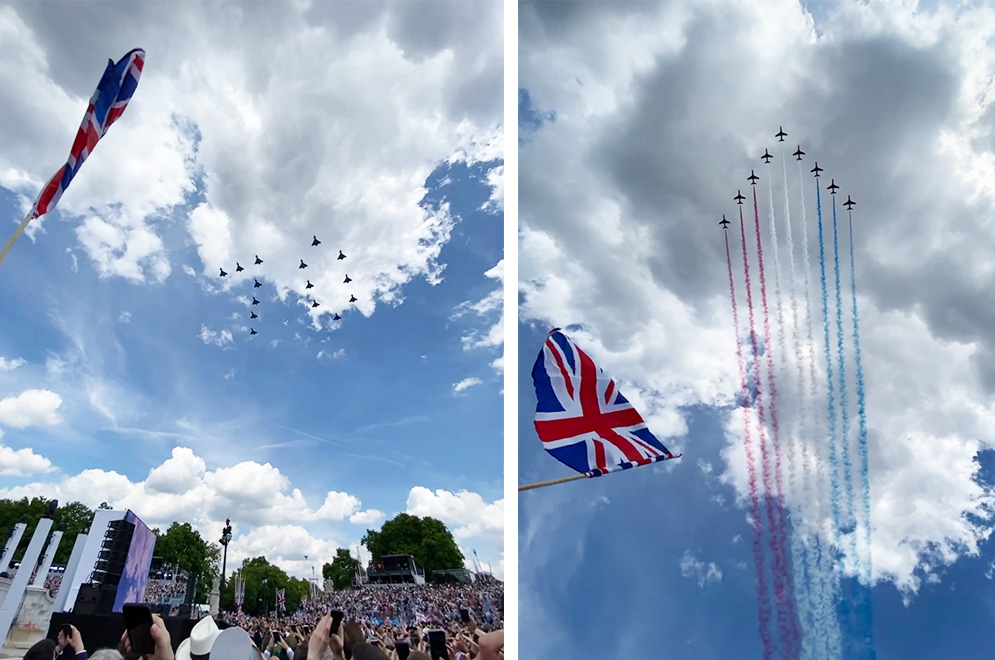 aviões da força aérea cortam o céu do centro da capital inglesa no evento da realeza em Londres