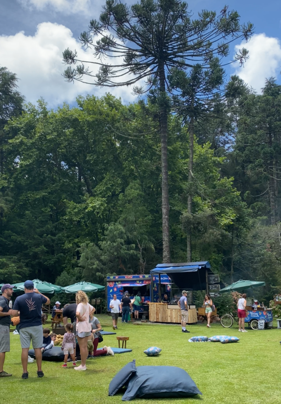 gramado verde com araucarias e barracas de comida com almofadas e colchões para deitar