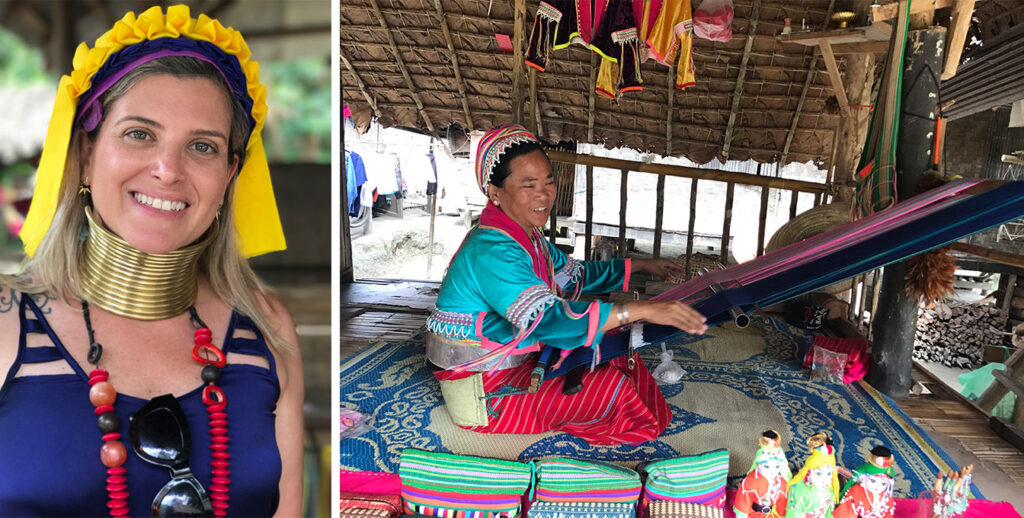 experimentando adereços das mulheres girafa e artesã tecendo no tear em Chiang Mai