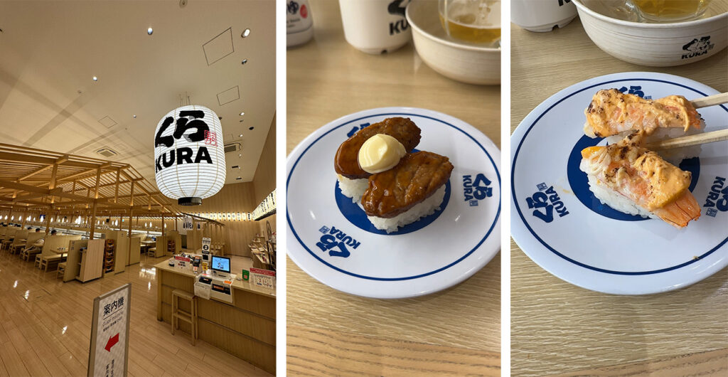 ambiente e pratos do kura sushi em toquio