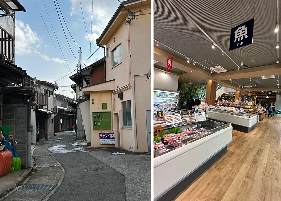 o beco onde fica a casa e o supermercado vizinho em Takayama