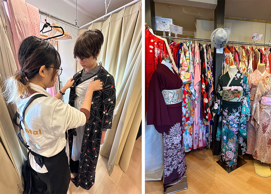 funcionária de loja vestindo o quimono em uma menina