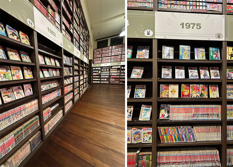 a enorme parece de mangás do museu, atração para levar crianças em quioto