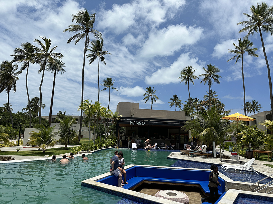 piscina mais calma e menor no hotel com bar e coqueiros em volta
