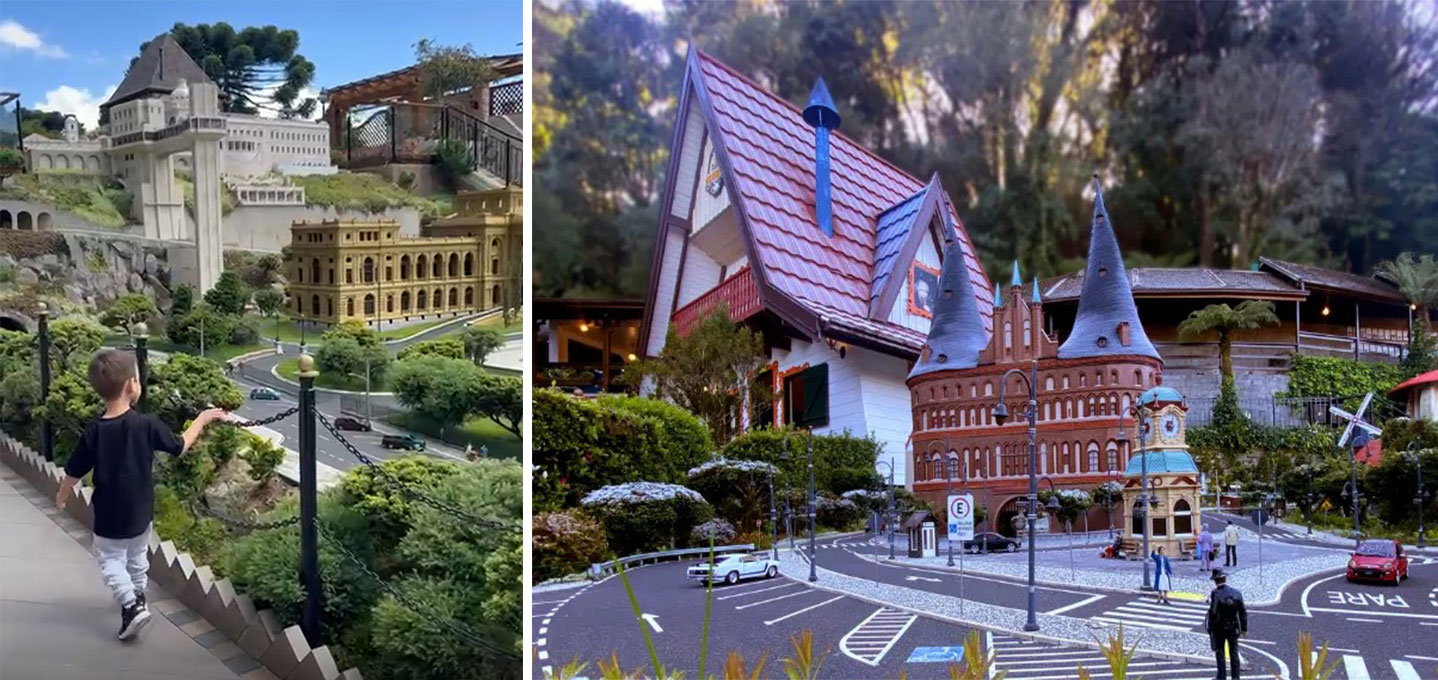criança vê os predios em miniatura do Mini Mundo, parte do que fazer em Gramado