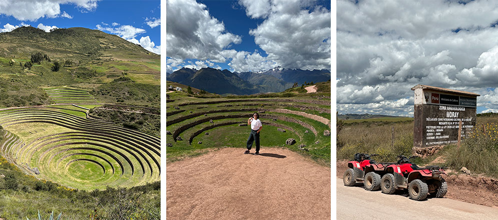 fotos dos circulos concentricos dos terraços agricolas de moray e quadriciclos que fazm passeio na região