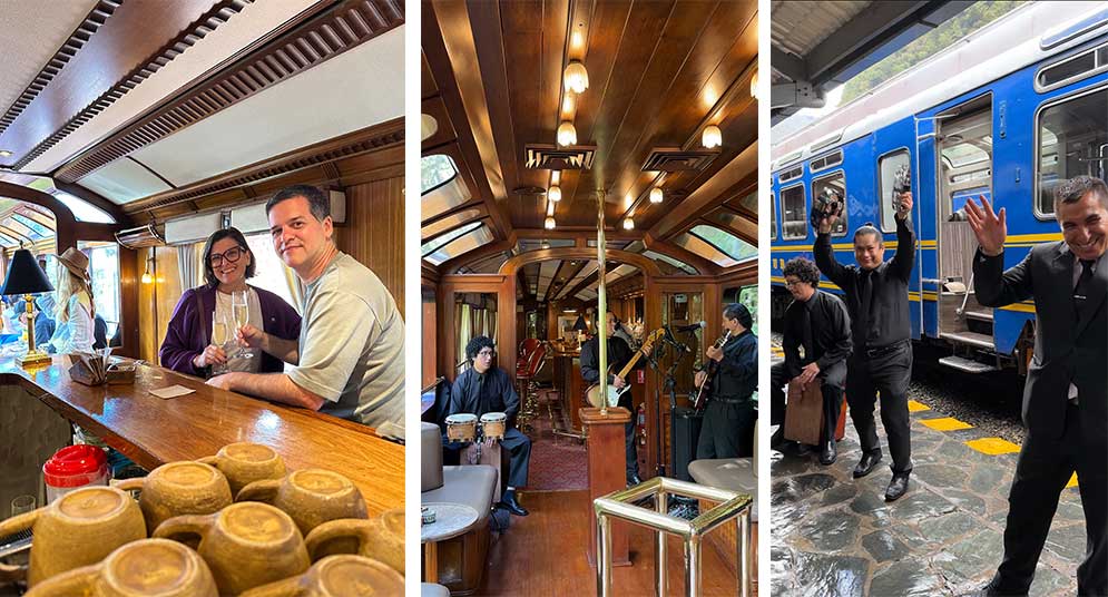musicos que tocam no trem para machu picchu se apresentando no vagão panoràmico e na saida do trem