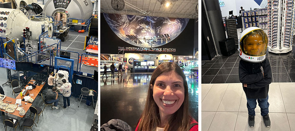 interios do centro de visitantes da Nasa em Houston com astronautas trabalhando