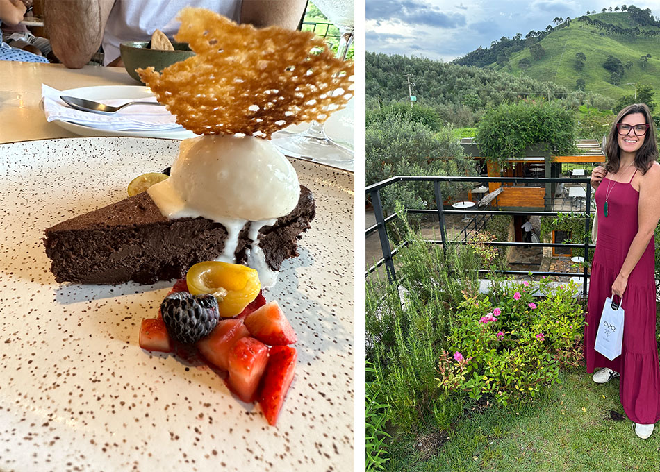sobremesa de chocolate com sorvetes e frutas vermelhas. à direita vista do restaurante da Oliq