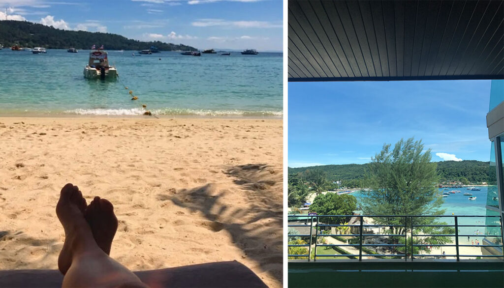 praia e vista do quarto do hotel Phi Phi Cliff Beach Resort, uma ótima opção paraum roteiro de 10 dias na Tailandia