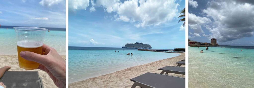 imagens da piscina de borda infinita do hotel renaissance com um navio de cruzeiro ao fundo