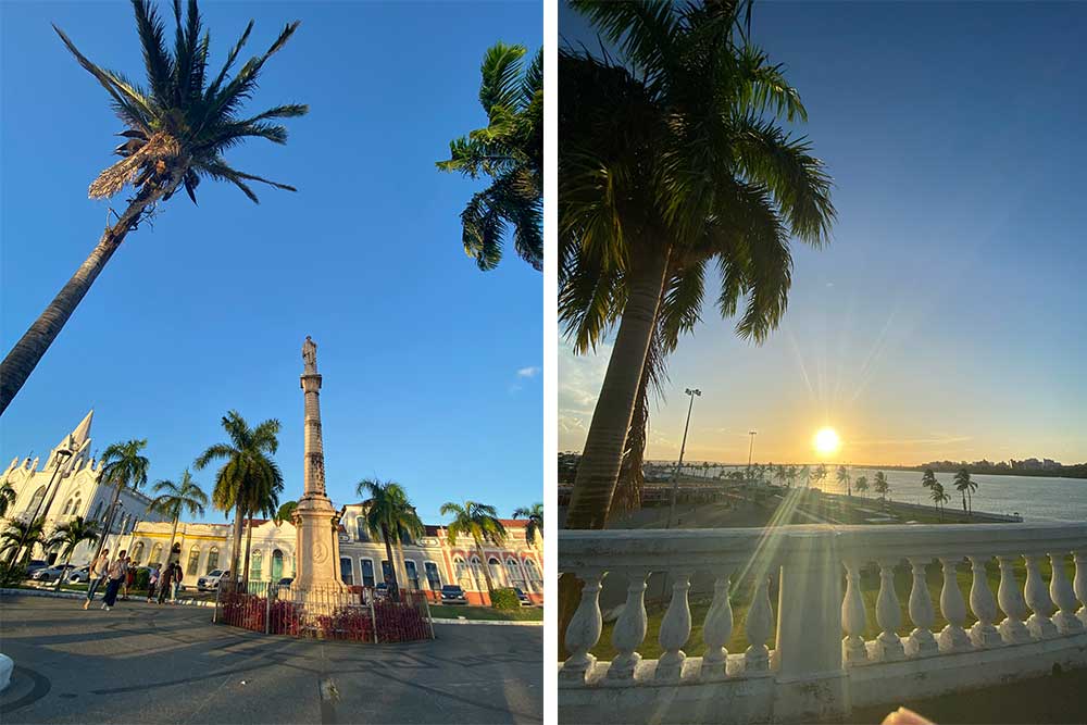 estatua de gonçalvez dias, palmeiras e por do sol no centro historico de são luis