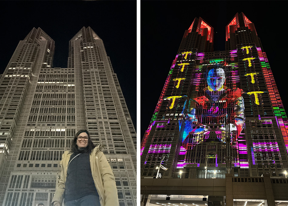 fachada da prefeitura de tóquio à noite e projeção de luzes