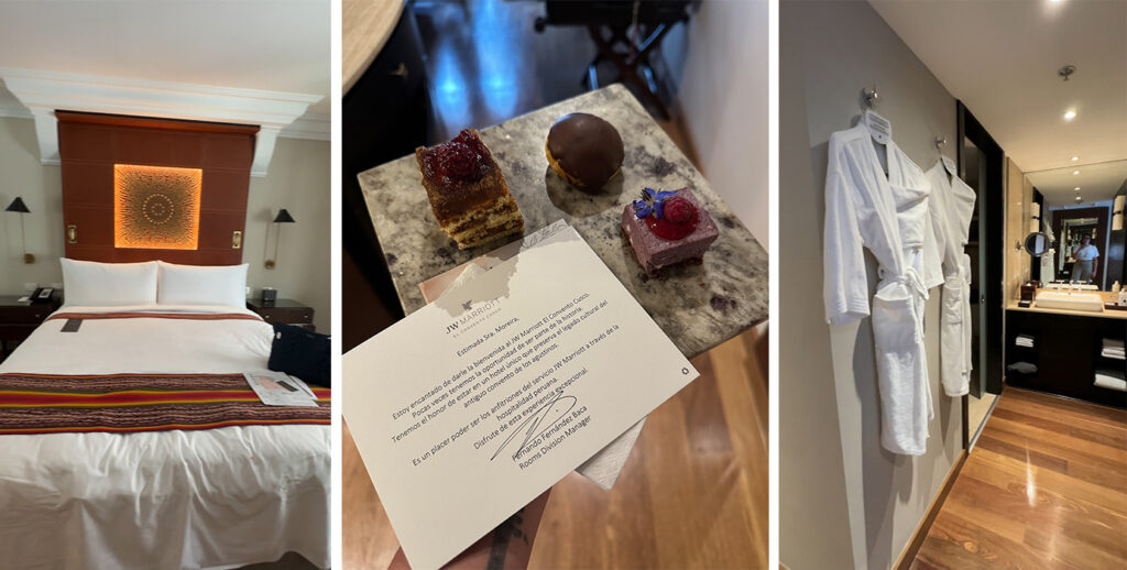 detalhes do quarto do jw marriott em cusco: cama king size, hall do banheiro e brinde de boas vindas