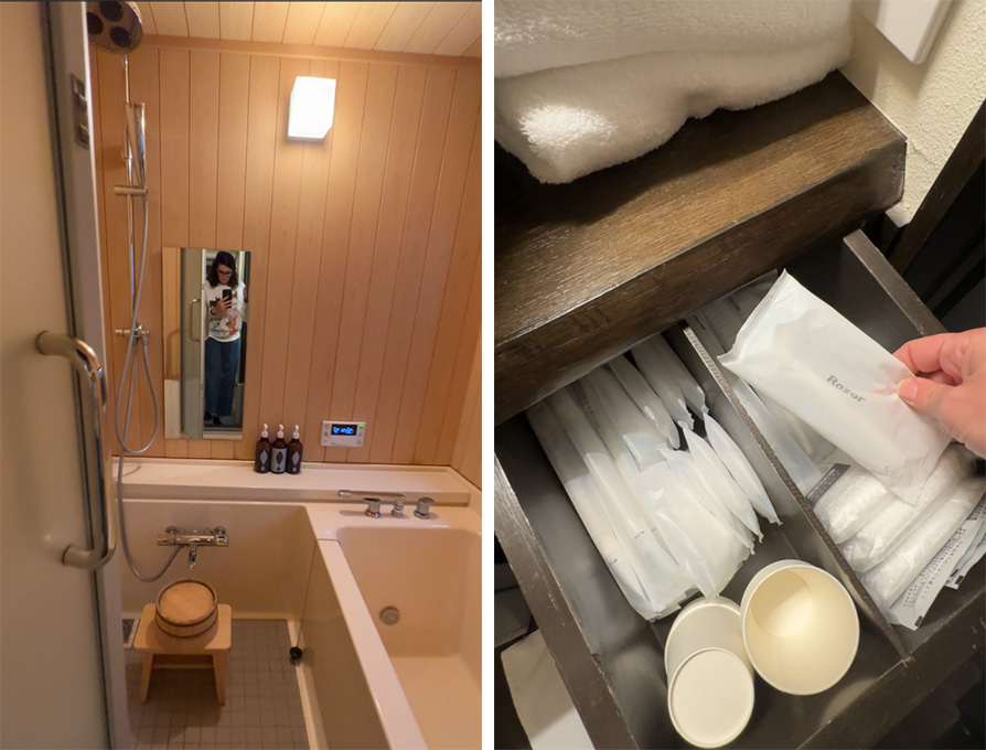 banheira em madeira tradicional japonês e gaveta cheia de amenidades para uso do hóspede