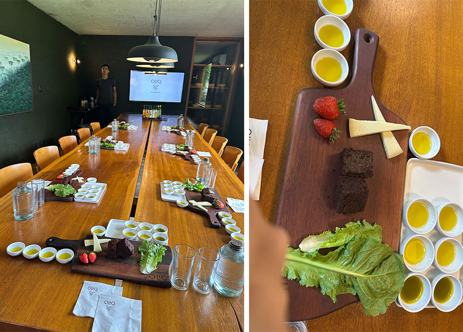 Sala de desgutação de azeites com os pratos montados com frutas, bolos, queijos e vegetais