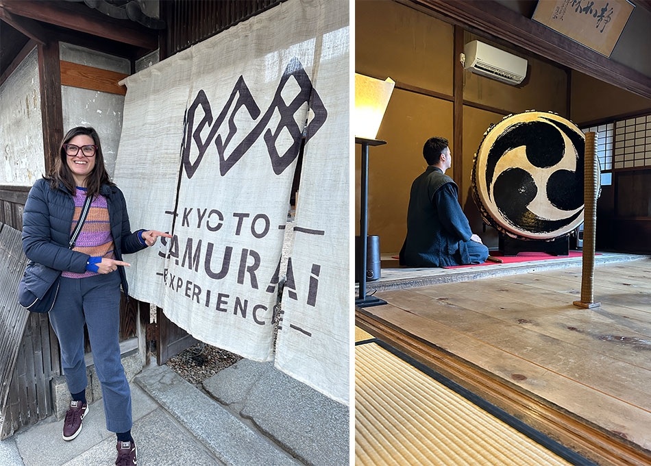 Entrada da atração de experiência samurai para levar crianças em quioto.