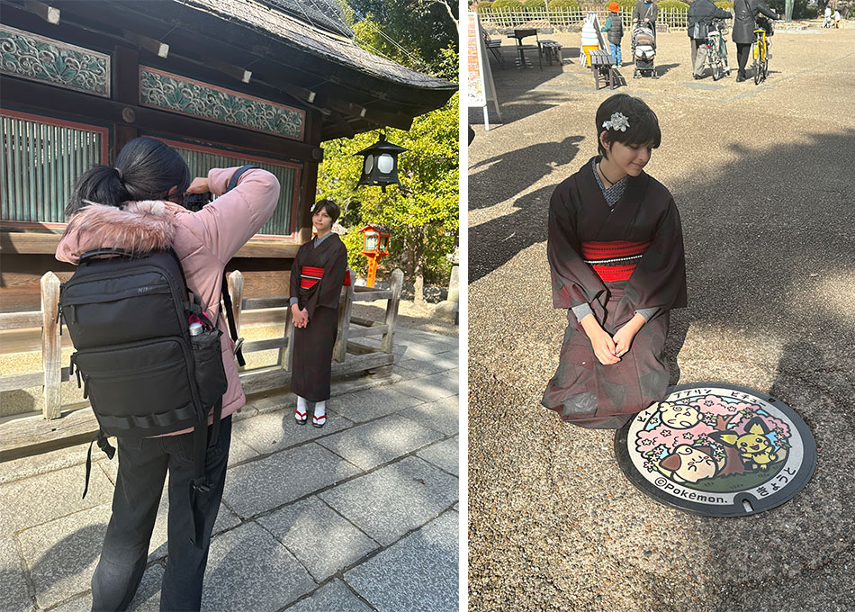 menina de quimono é fotografada na rua em quioto