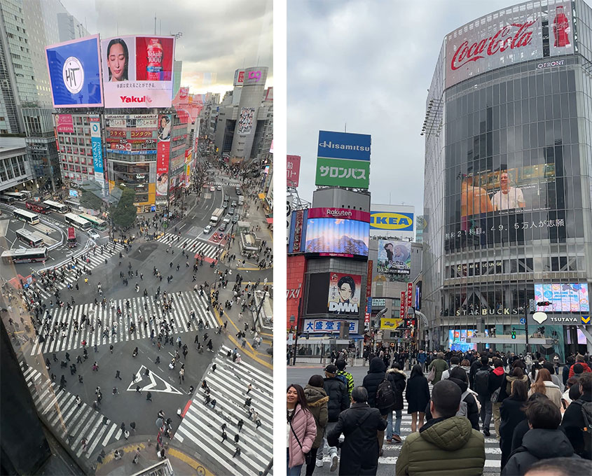Dois angulo do cruzamento de Shibuya, do alto e do prórpio cruzamento