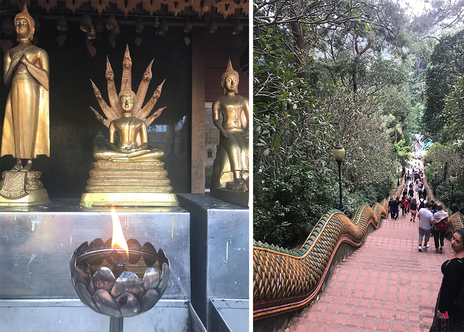 buda rodeado de serpentes e escadaria que leva ao templo da montanha em chiang mai