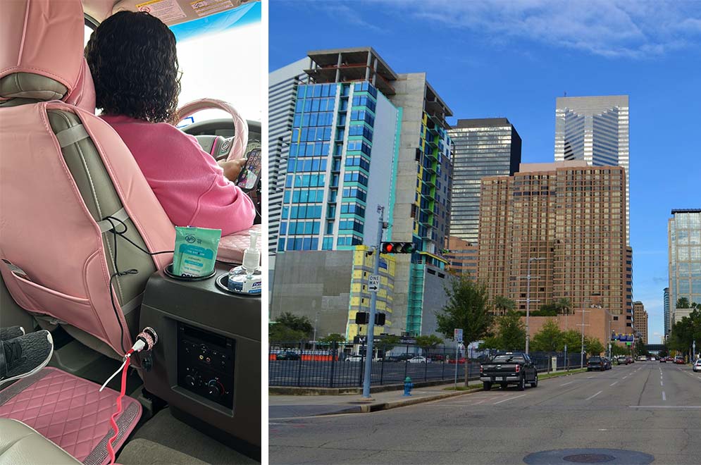 foto das ruas da cidade de houston e carro de motorista que faz transfer do aeroporto