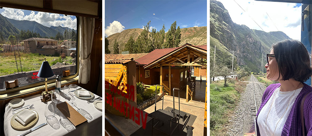 fotos da estação no hotel rio sagrado, da mesa posta e dos trilhos do trem no caminho para Machu Picchu