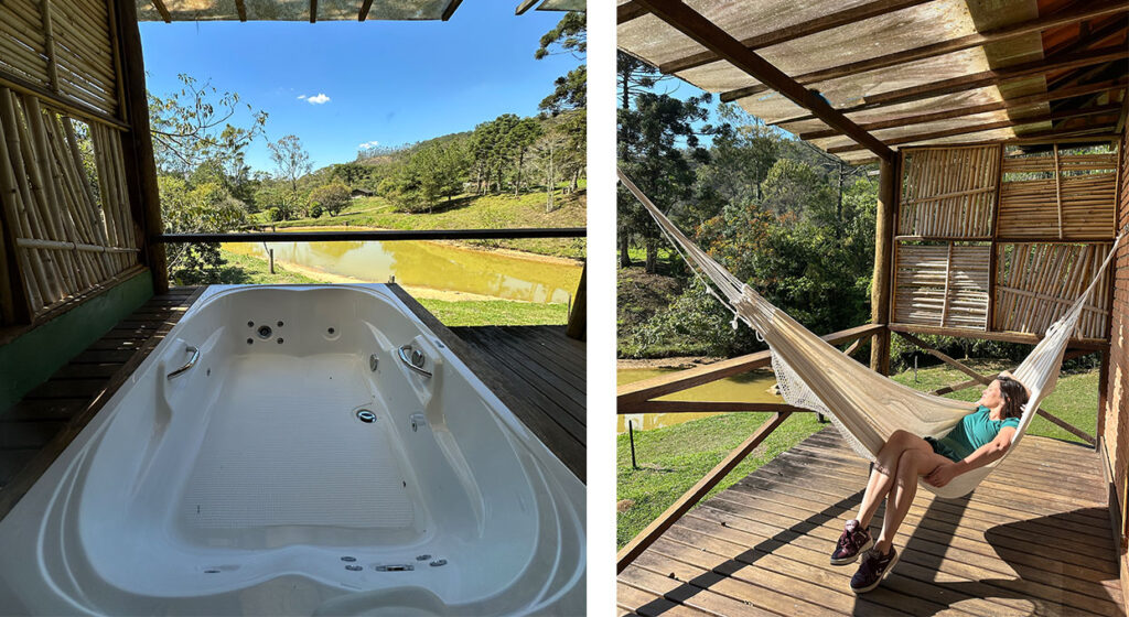 varanda do chalé da hospedagem no sul de minas com banheira e rede